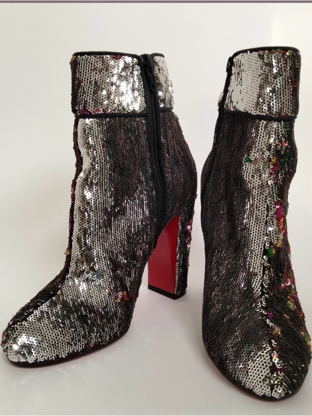Beautiful! Christian Louboutin Silver Sequin High Heel Boots with Red Accents